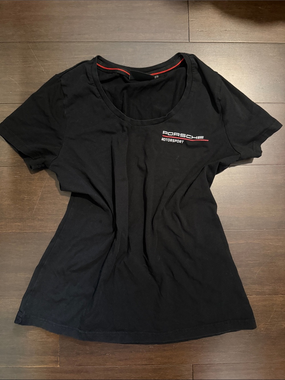 Porsche Design Black Scoop Neck Motorsport Tee with Red Accent